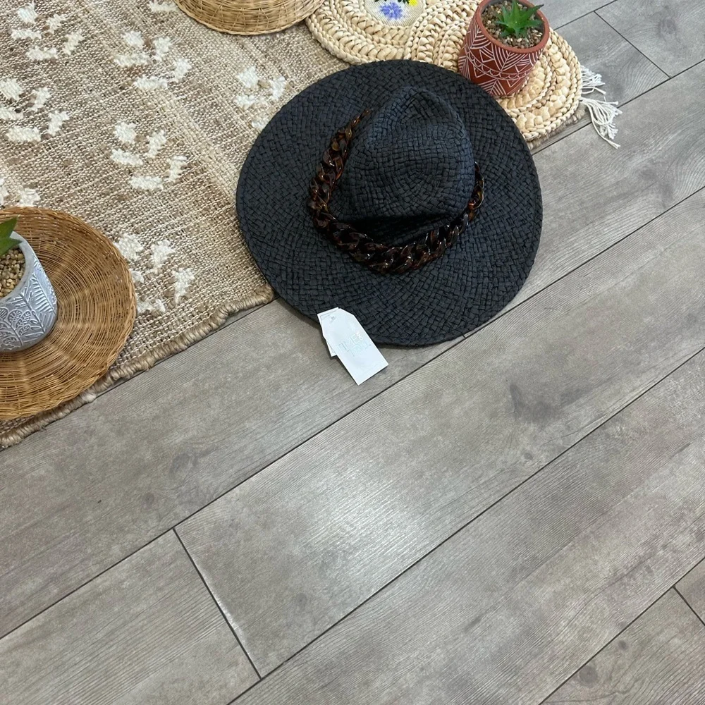 New Time & Tru Women’s Black Woven Straw Fedora Hat with Brown Accent